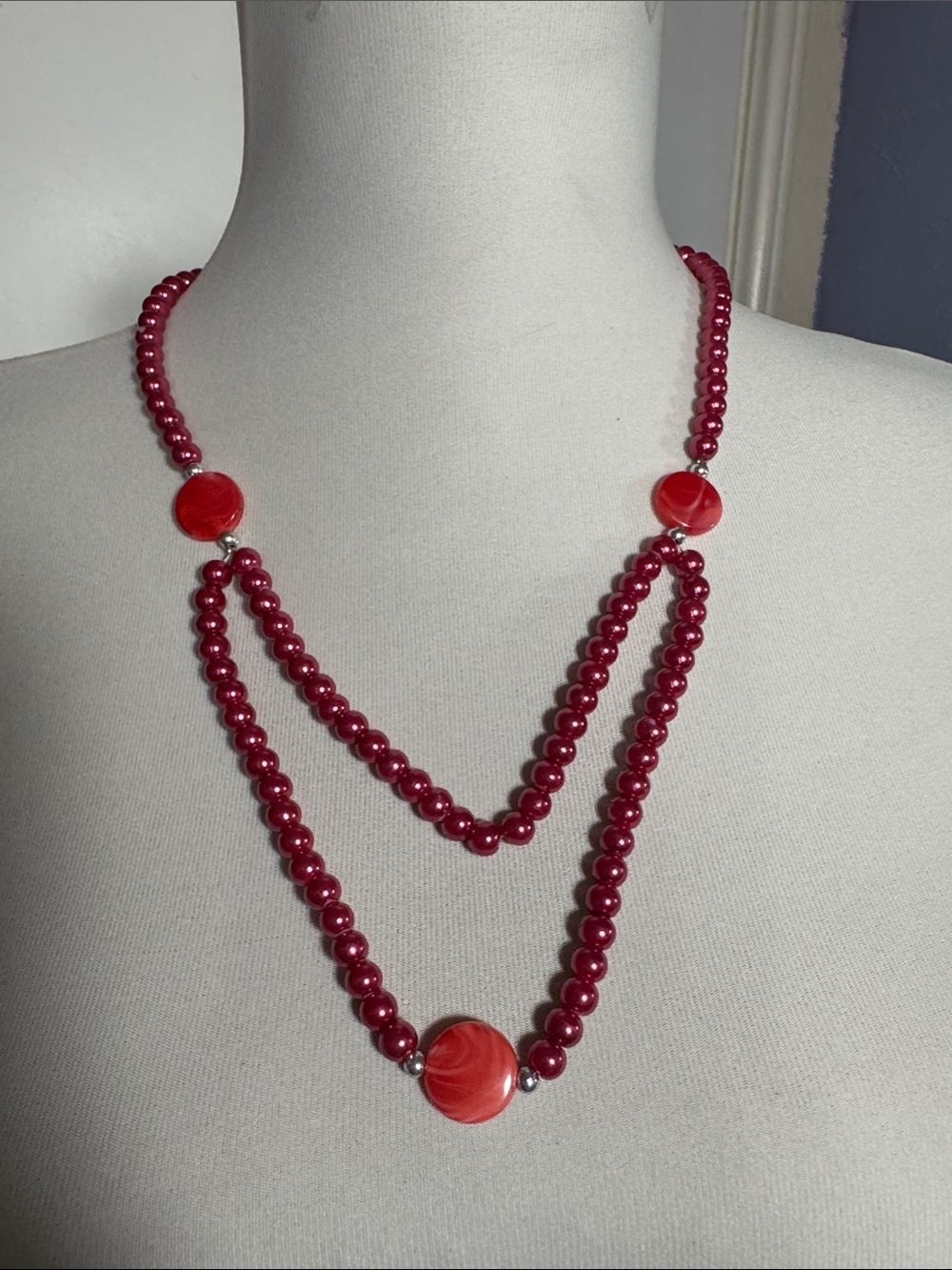 Fuchsia Beaded Double-Strand Necklace with Red Disc Accents